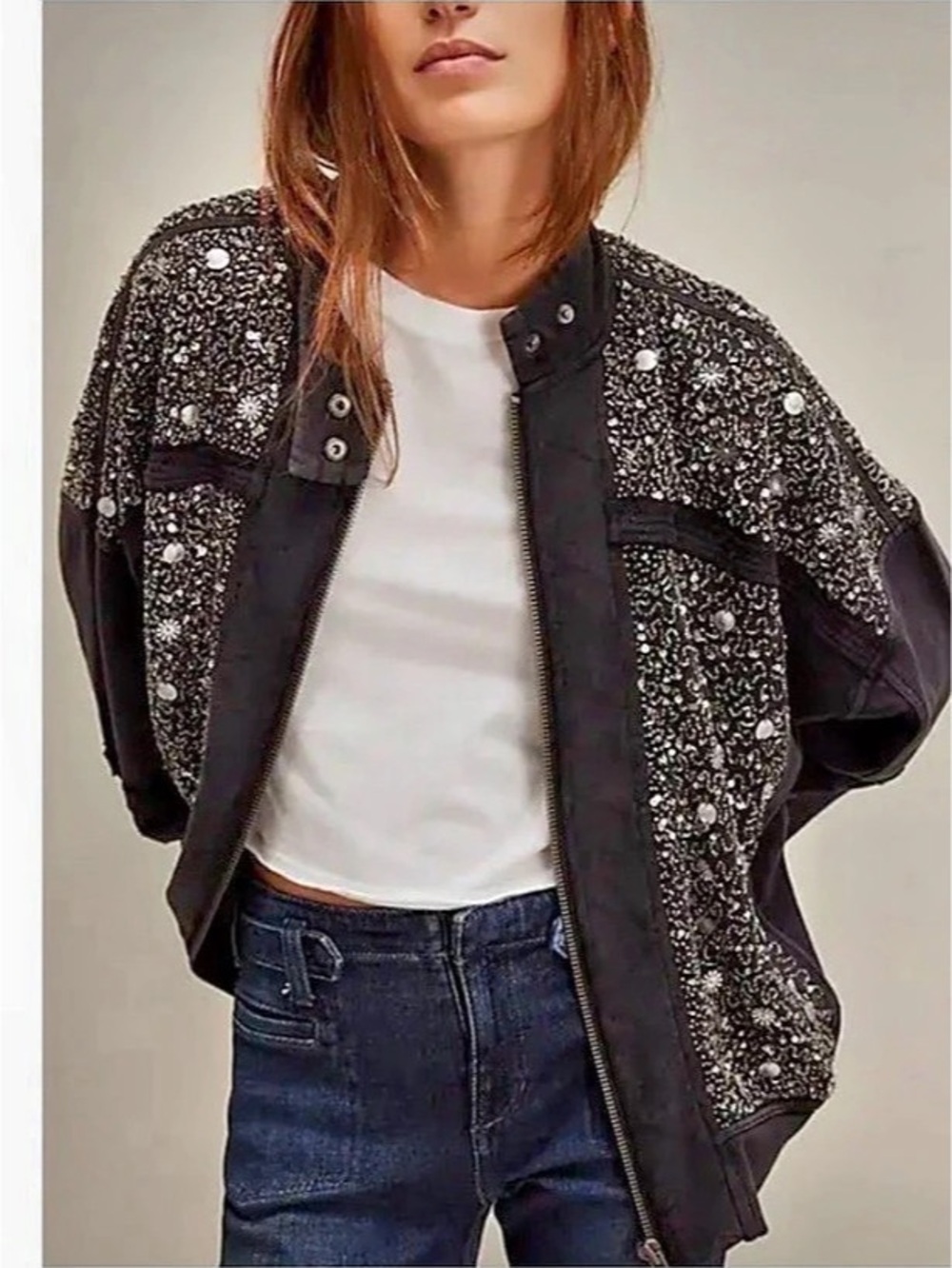 Free People Embellished Bomber Sweatshirt Jacket